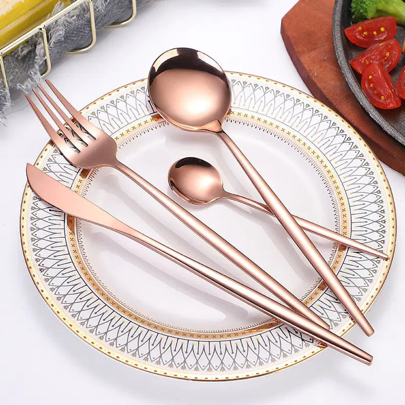 24pcs Gold Dinnerware Set Stainless Steel Tableware Set Knife Fork Spoon Luxury Cutlery Set Gift Box Flatware Dishwasher Safe