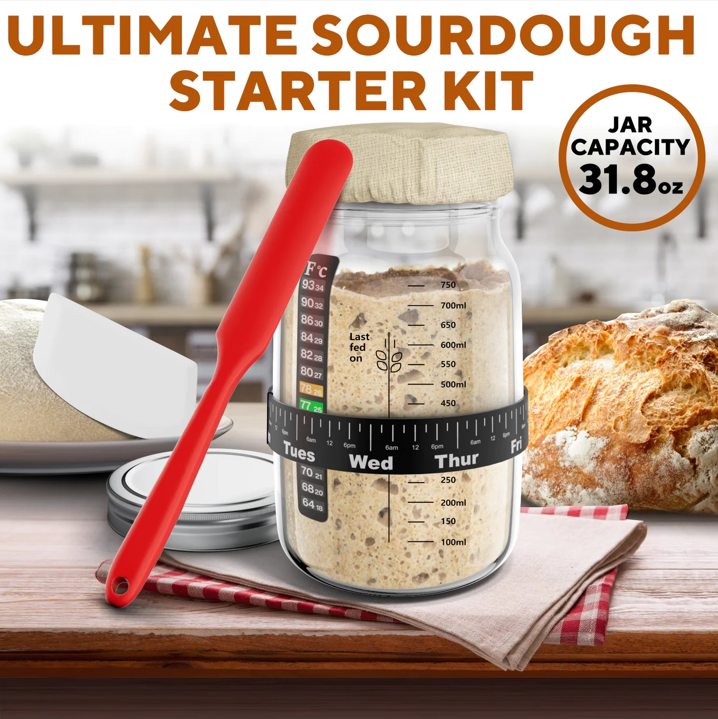 Ultimate Sourdough Starter Jar Kit 31.8 oz - Reusable Sourdough Jar for Easy Bread Baking - Perfect to Make Your Sour Dough Bread Dough Starter - Easy to Use & Clean Complete Sourdough Starter Kit