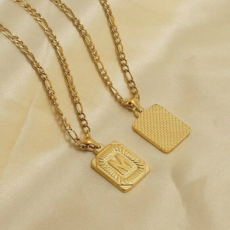 18" Gold Plated Initial Letter Pendant Necklace Stainless Steel Figaro Chain