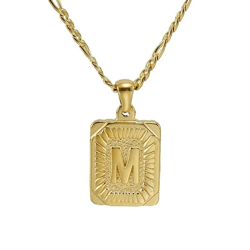 18" Gold Plated Initial Letter Pendant Necklace Stainless Steel Figaro Chain