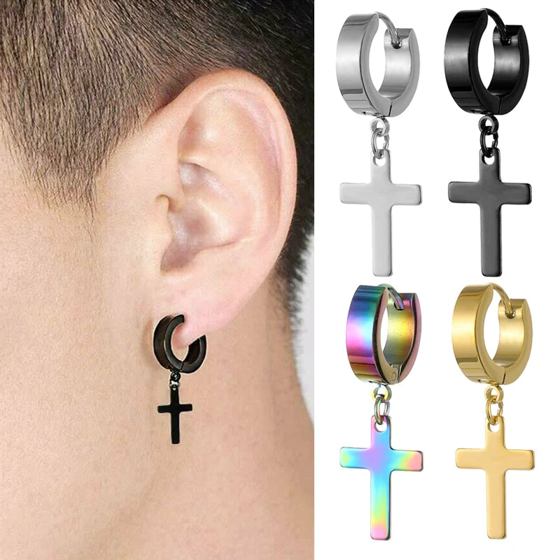 1Pc Men Cross Stars Punk Dangle Earrings Gothic Woman Stainless Steel Cross Ear Hoop Earrings Huggies Pendant Piercing Jewelry