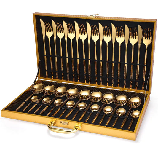 24pcs Gold Dinnerware Set Stainless Steel Tableware Set Knife Fork Spoon Luxury Cutlery Set Gift Box Flatware Dishwasher Safe