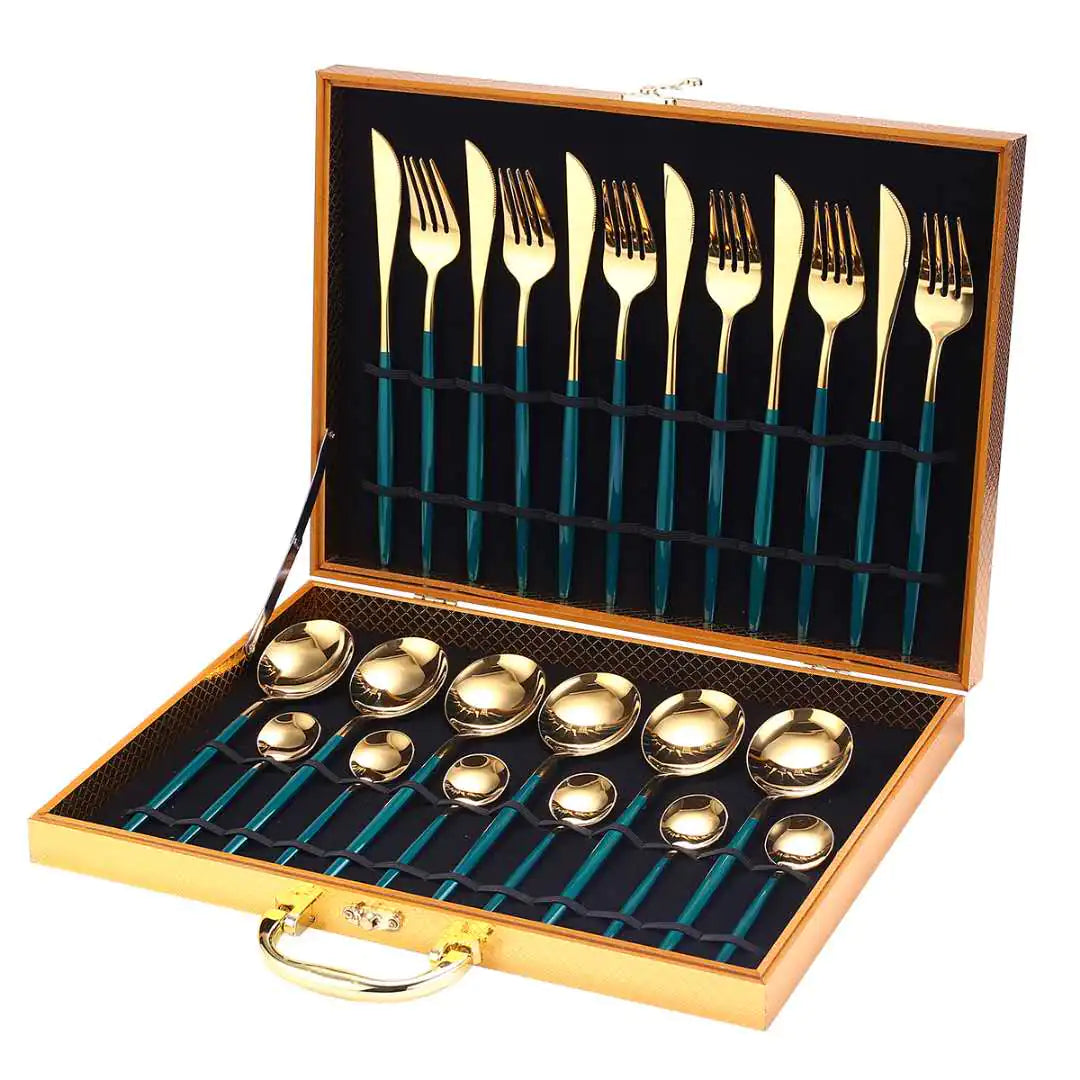 24pcs Gold Dinnerware Set Stainless Steel Tableware Set Knife Fork Spoon Luxury Cutlery Set Gift Box Flatware Dishwasher Safe