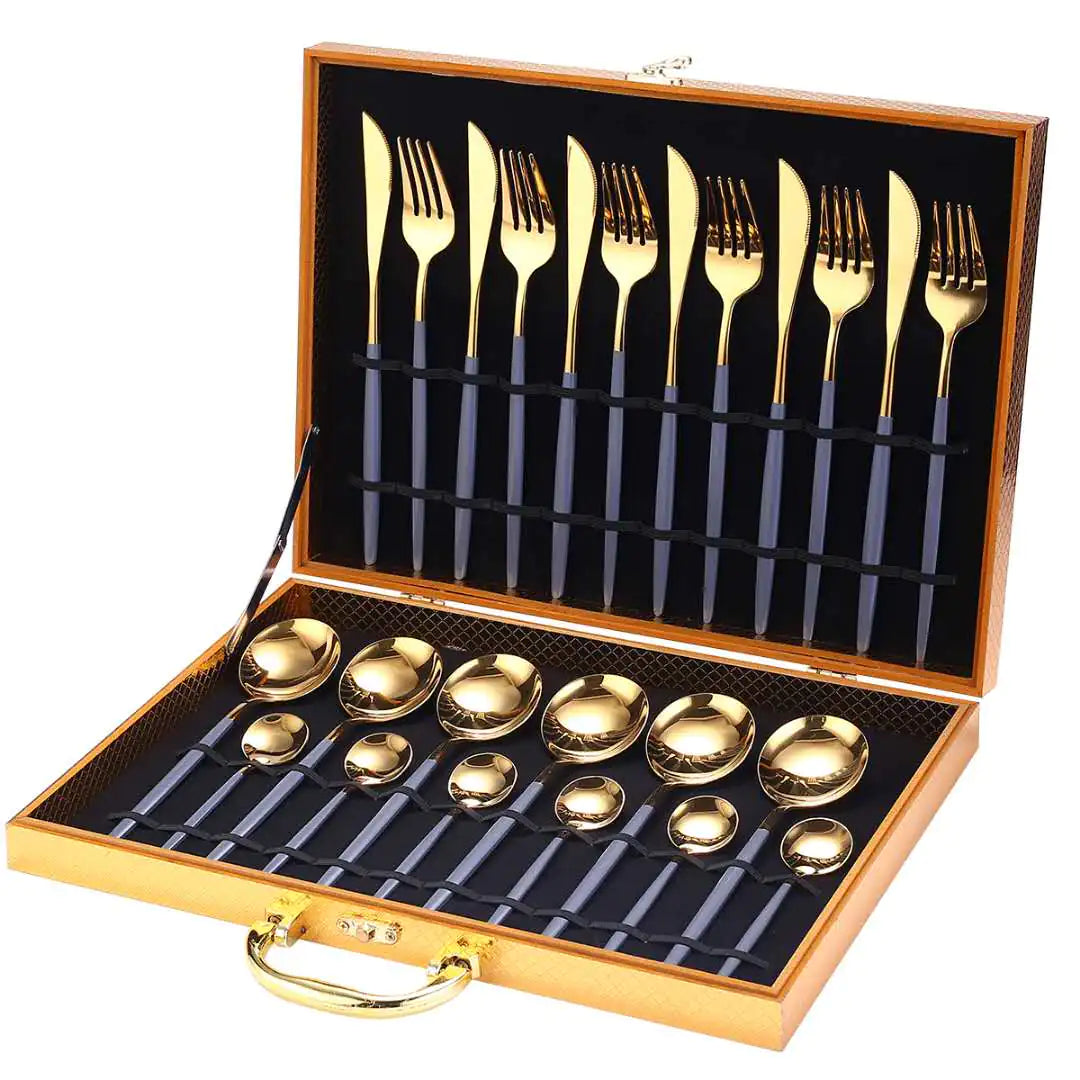 24pcs Gold Dinnerware Set Stainless Steel Tableware Set Knife Fork Spoon Luxury Cutlery Set Gift Box Flatware Dishwasher Safe