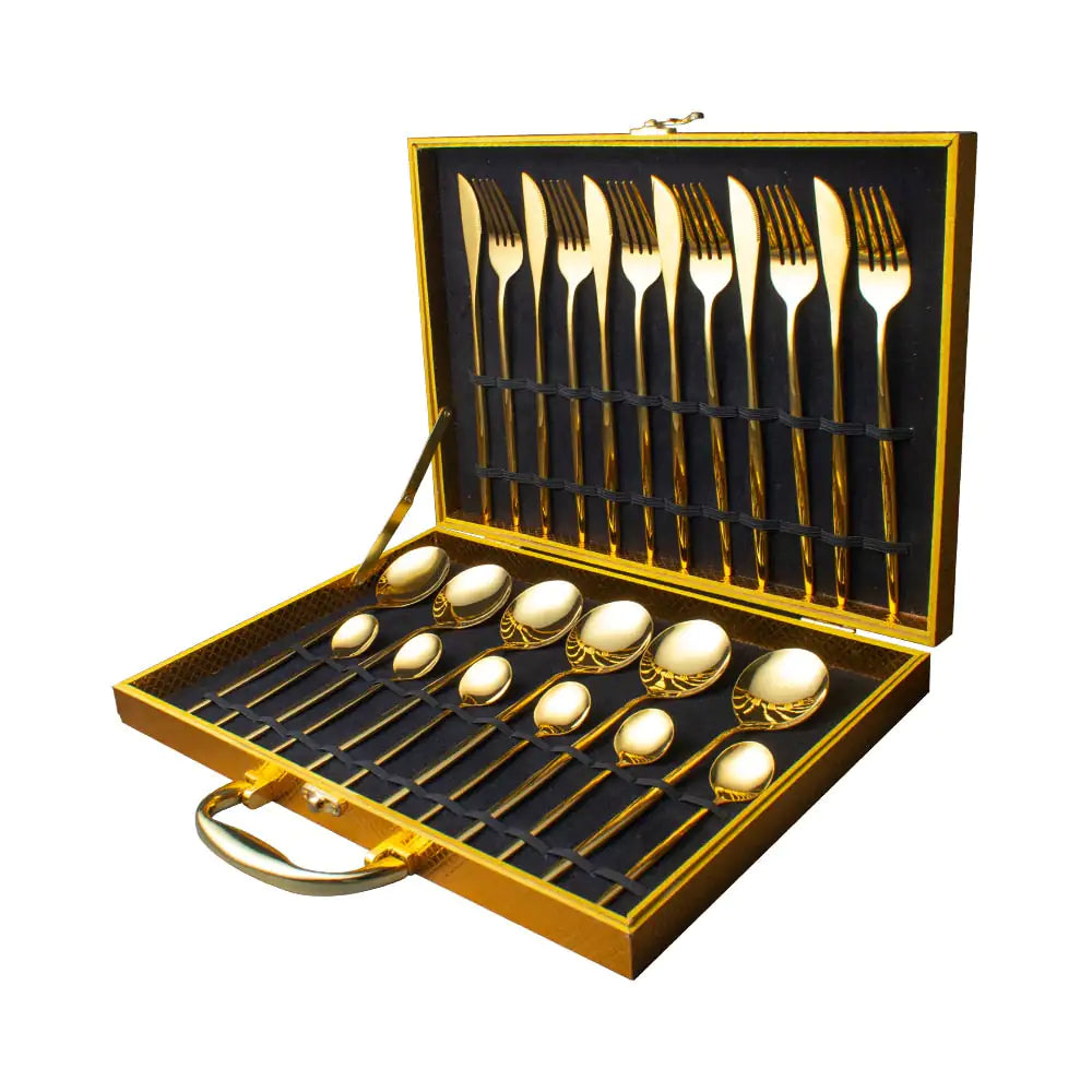 24pcs Gold Dinnerware Set Stainless Steel Tableware Set Knife Fork Spoon Luxury Cutlery Set Gift Box Flatware Dishwasher Safe